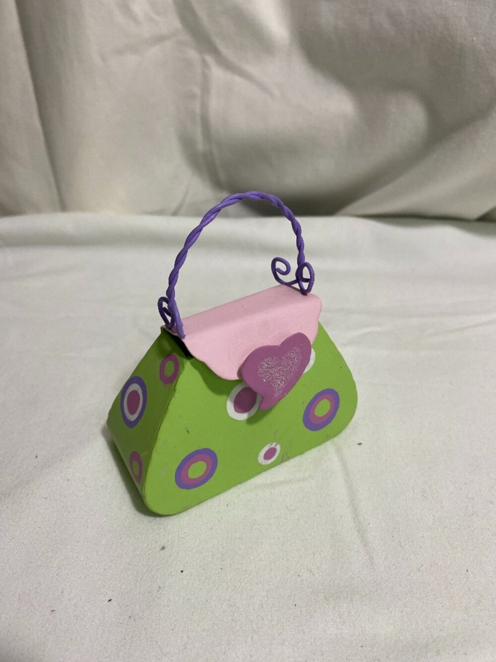 Vintage Hand Painted Metal Purse Accent Decor Lime Green Pink Purple Whimsical